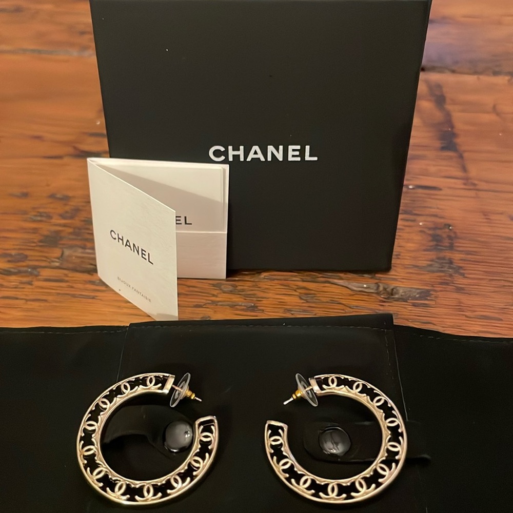 Authentic Chanel Gold Logo Hoops *Never Worn*